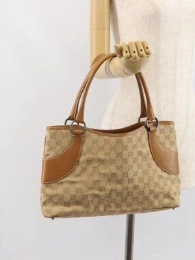GUCCI GG Canvas Hand Bag Beige Silver 113015 Auth 162185